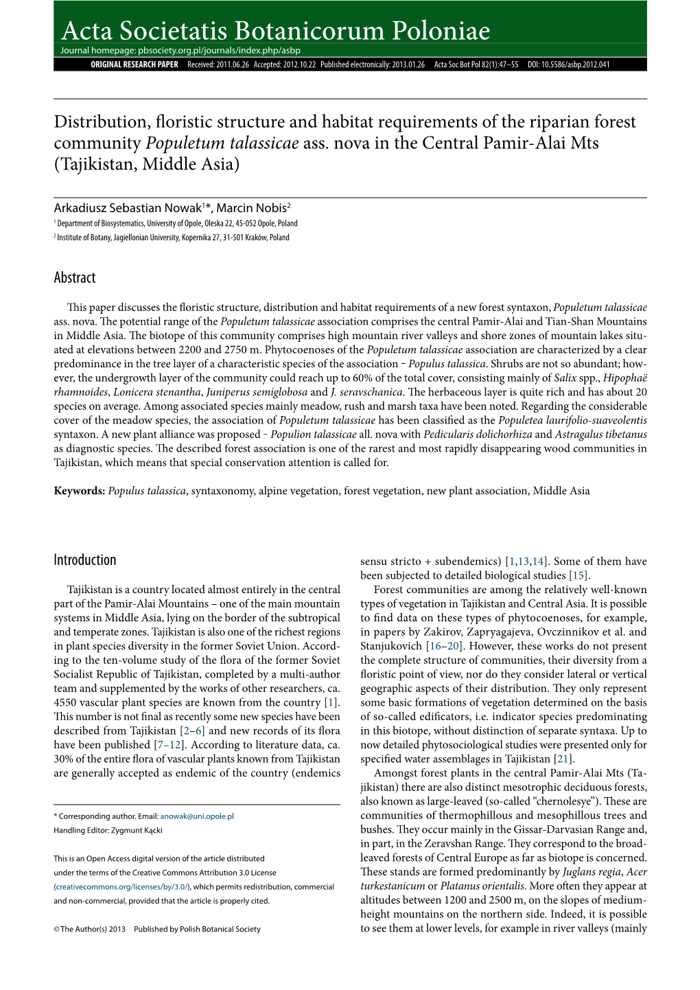 Distribution, Floristic Structure and Habitat Requirements of the Riparian Forest Community Populetum Talassicae Ass