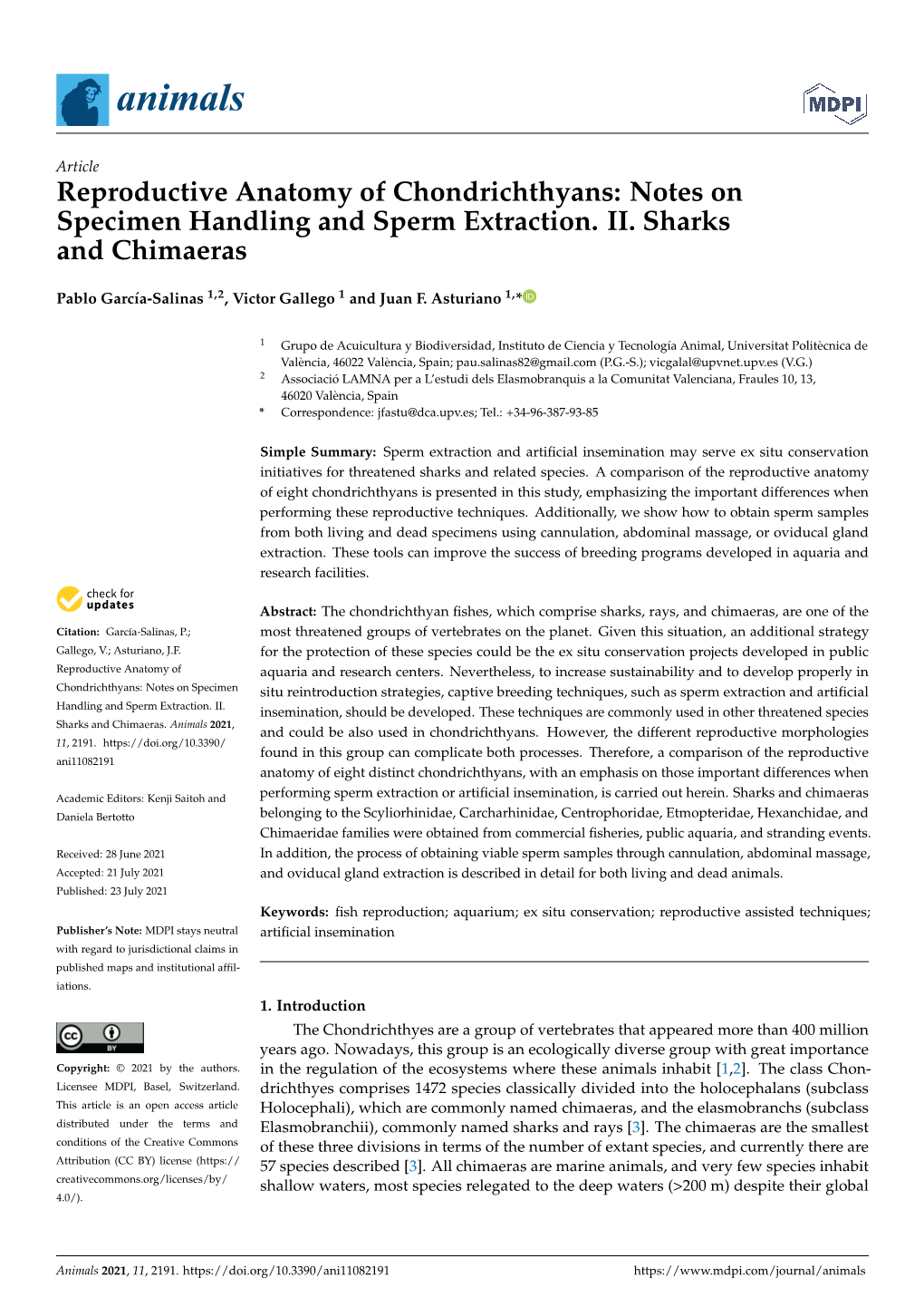 Notes on Specimen Handling and Sperm Extraction. II. Sharks and Chimaeras