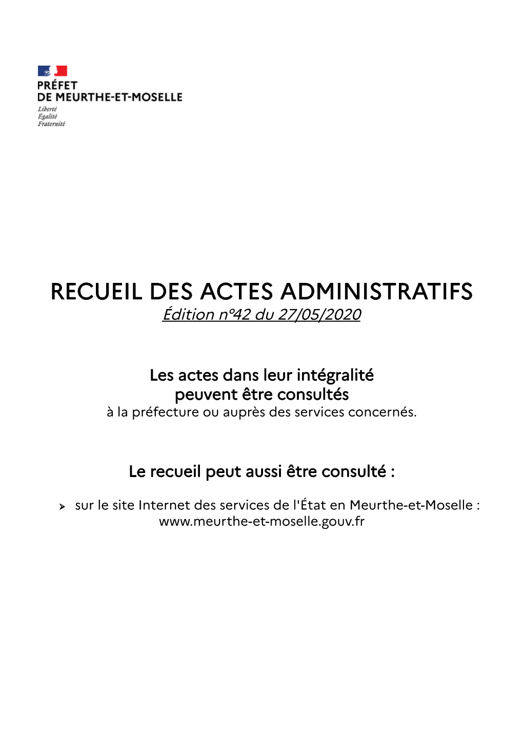 RECUEIL DES ACTES ADMINISTRATIFS Édition N°42 Du 27/05/2020