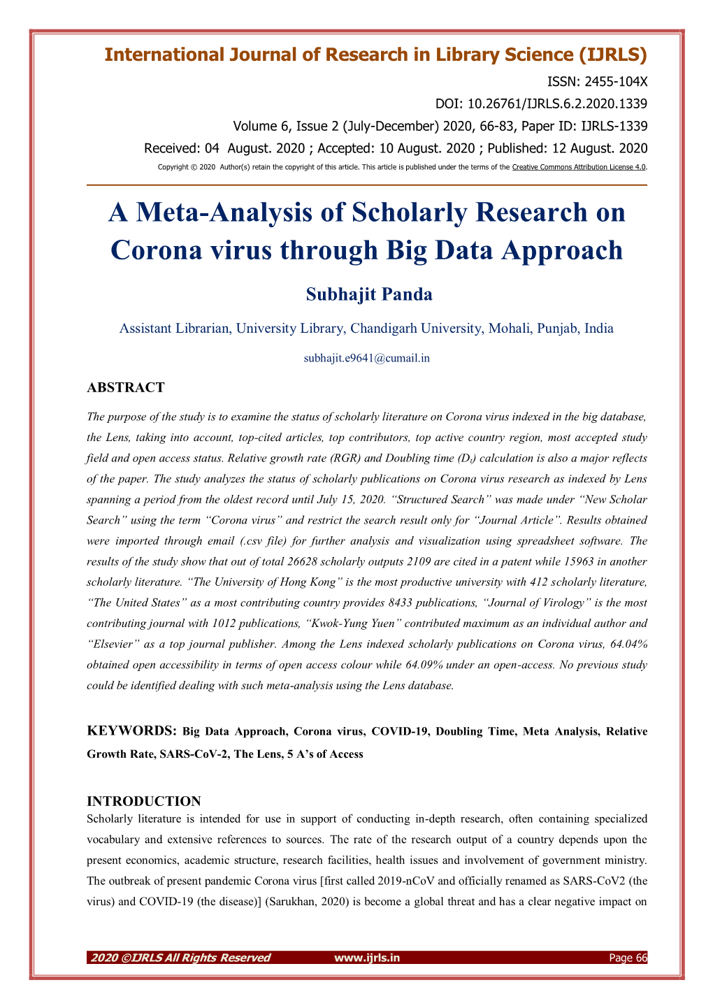 A Meta-Analysis of Scholarly Research on Corona Virus Through Big Data Approach