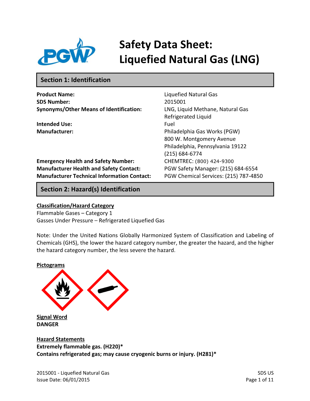 Safety Data Sheet: Liquefied Natural Gas (LNG)