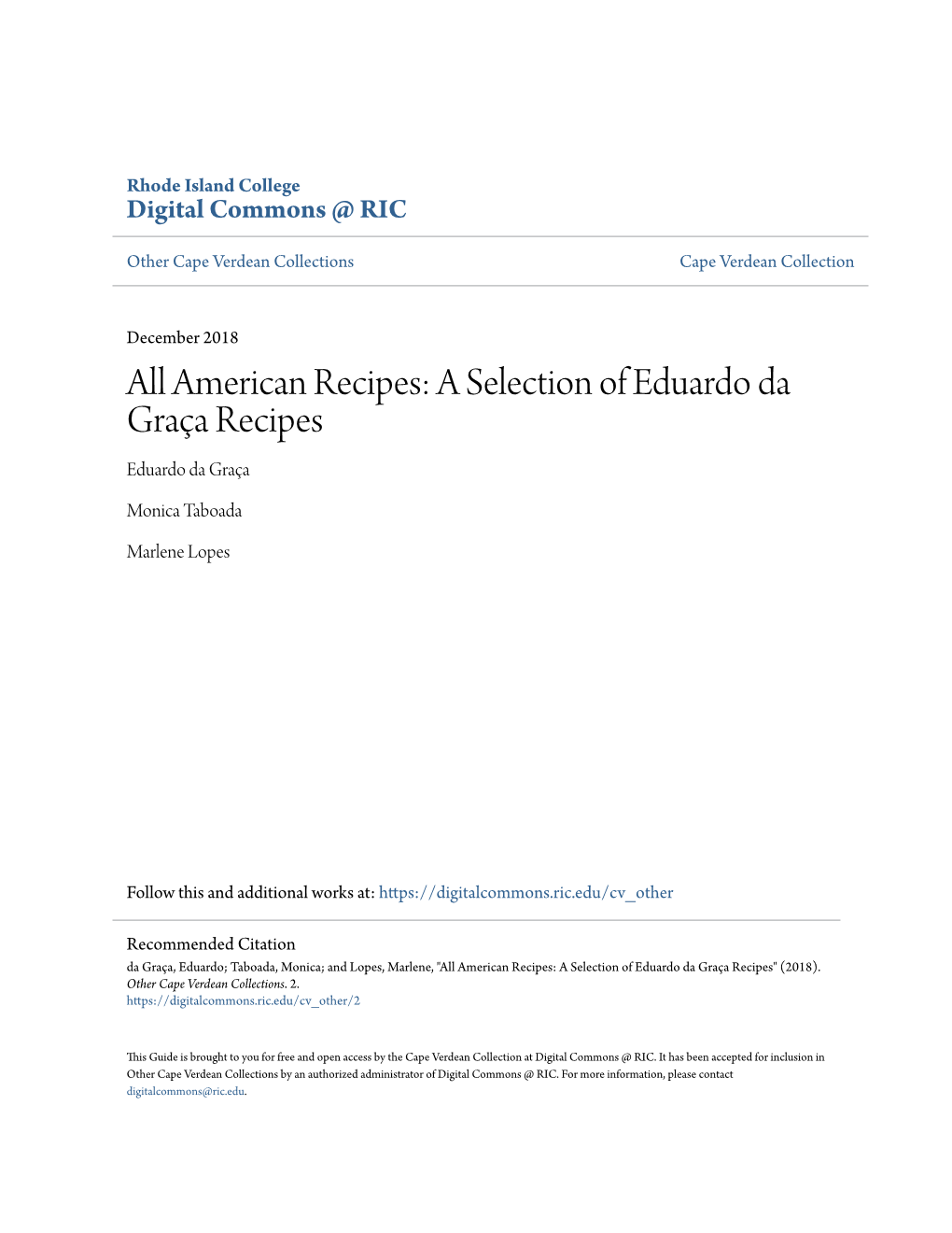 All American Recipes: a Selection of Eduardo Da Graça Recipes Eduardo Da Graça