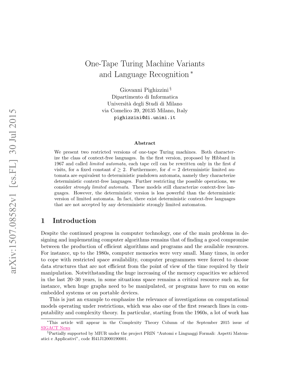 One-Tape Turing Machine Variants and Language Recognition ∗