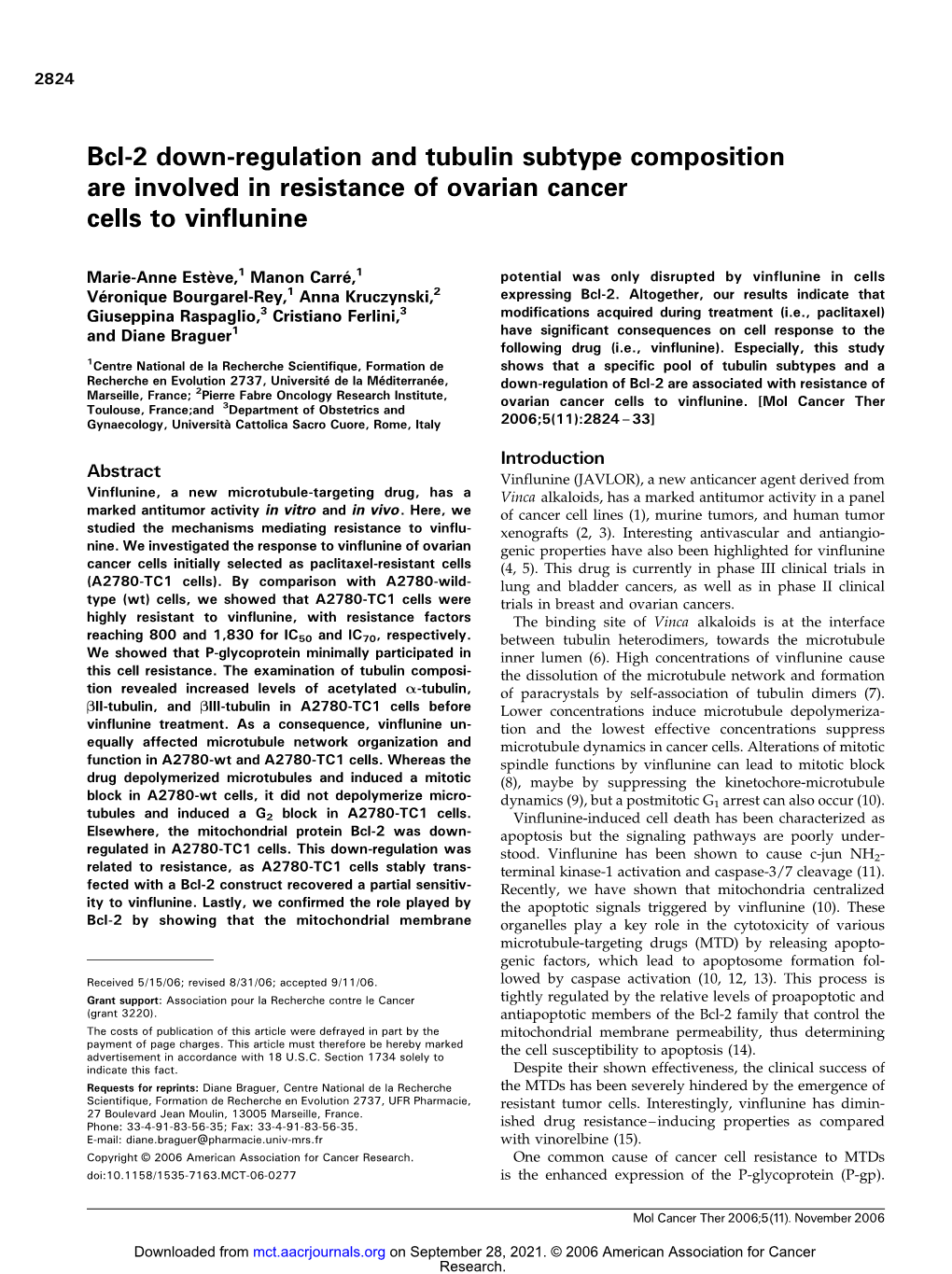 Bcl-2 Down-Regulation and Tubulin Subtype Composition Are Involved in Resistance of Ovarian Cancer Cells to Vinflunine