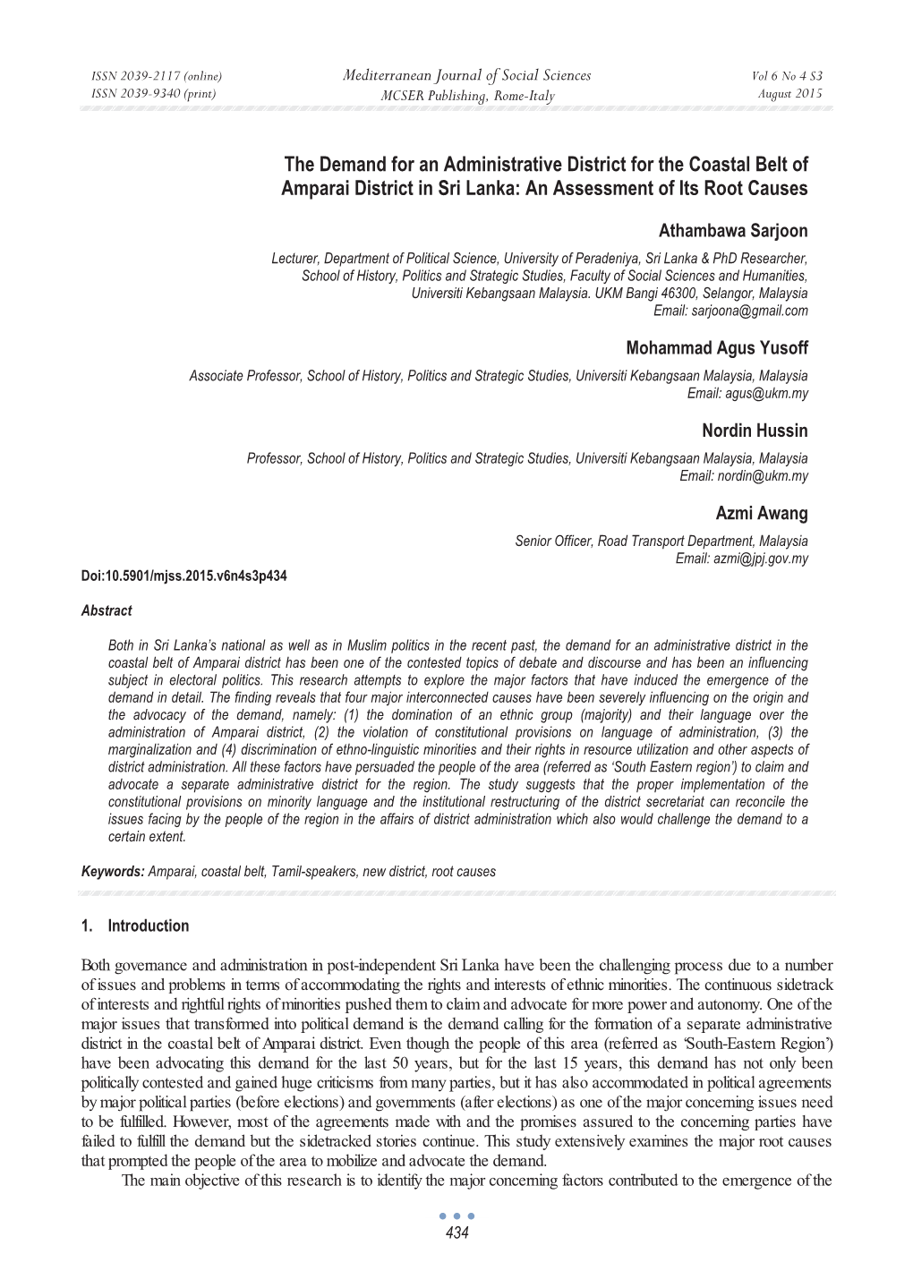 The Demand for an Administrative District for the Coastal Belt of Amparai District in Sri Lanka: an Assessment of Its Root Causes