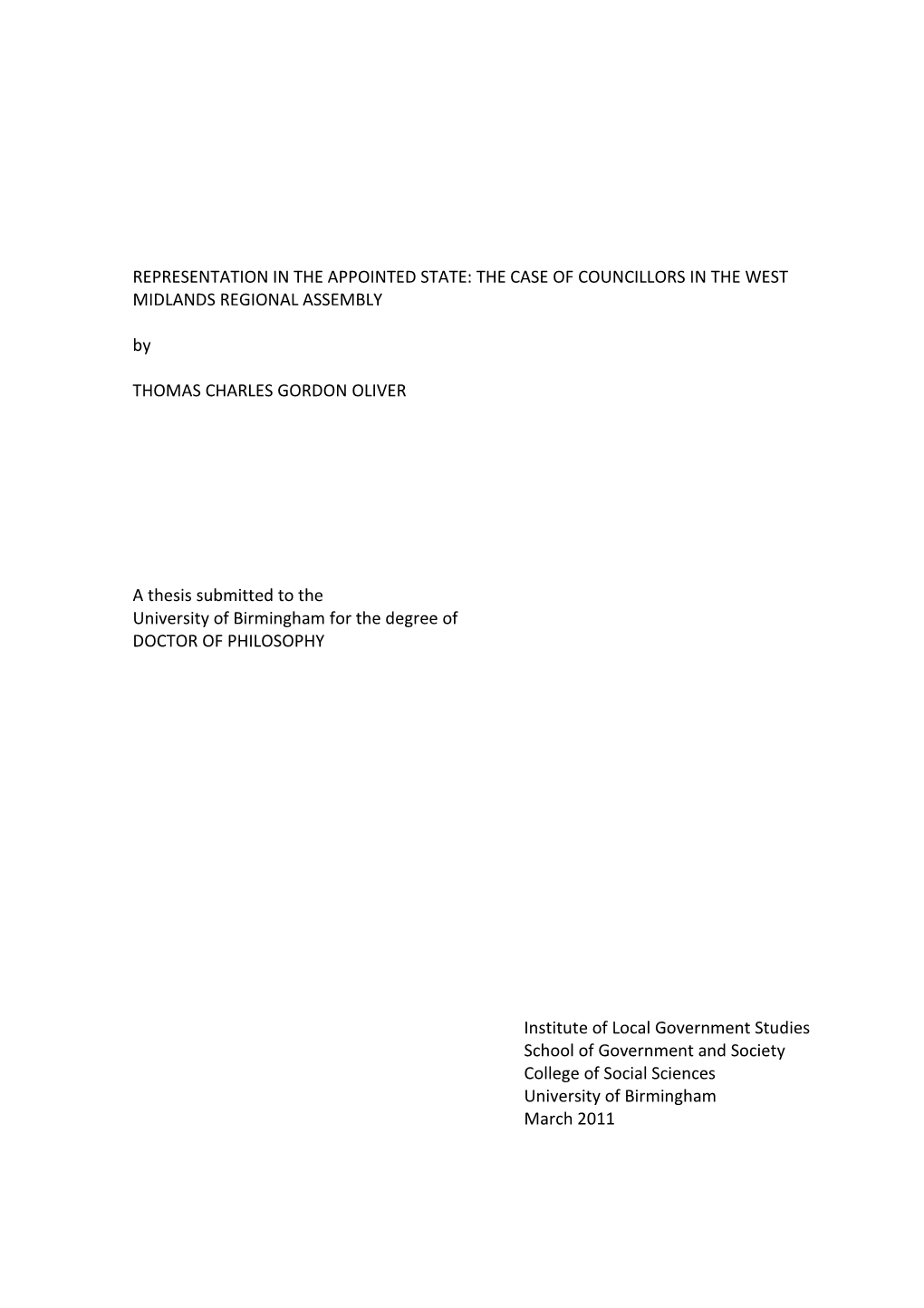 REPRESENTATION in the APPOINTED STATE: the CASE of COUNCILLORS in the WEST MIDLANDS REGIONAL ASSEMBLY By