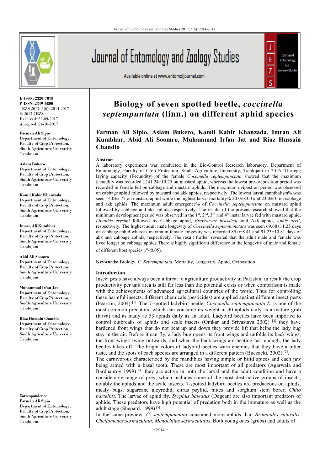Biology of Seven Spotted Beetle, Coccinella Septempuntata (Linn.) On