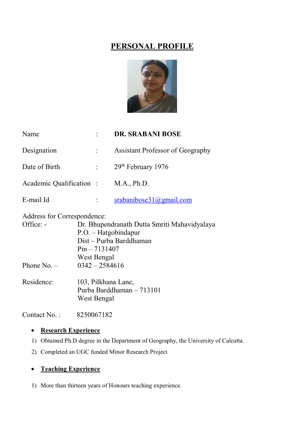 DR. SRABANI BOSE Designation