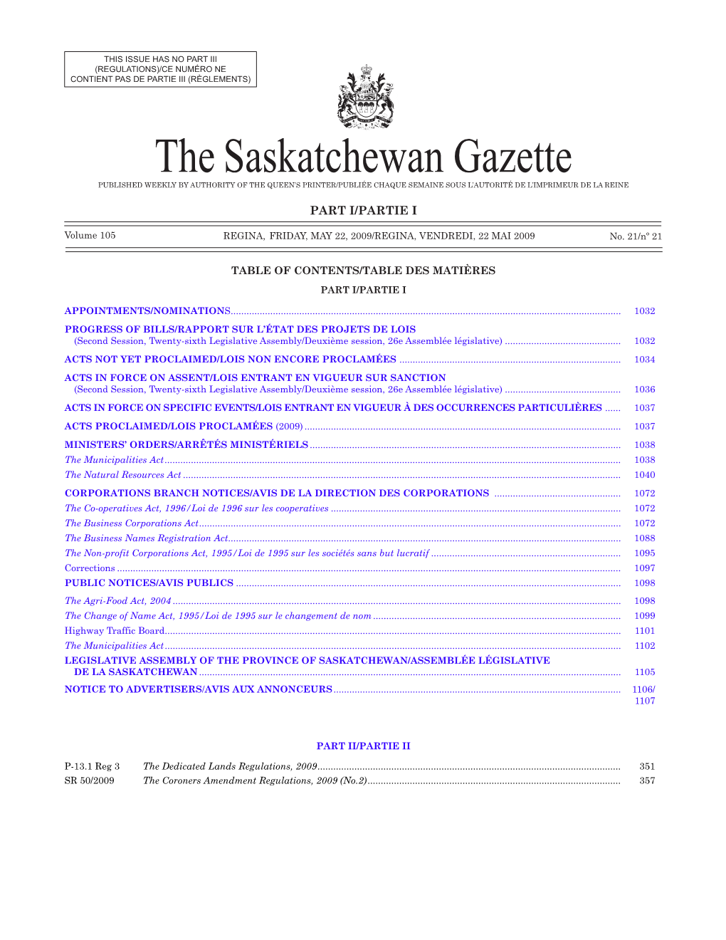 Sask Gazette, Part I, May 22, 2009