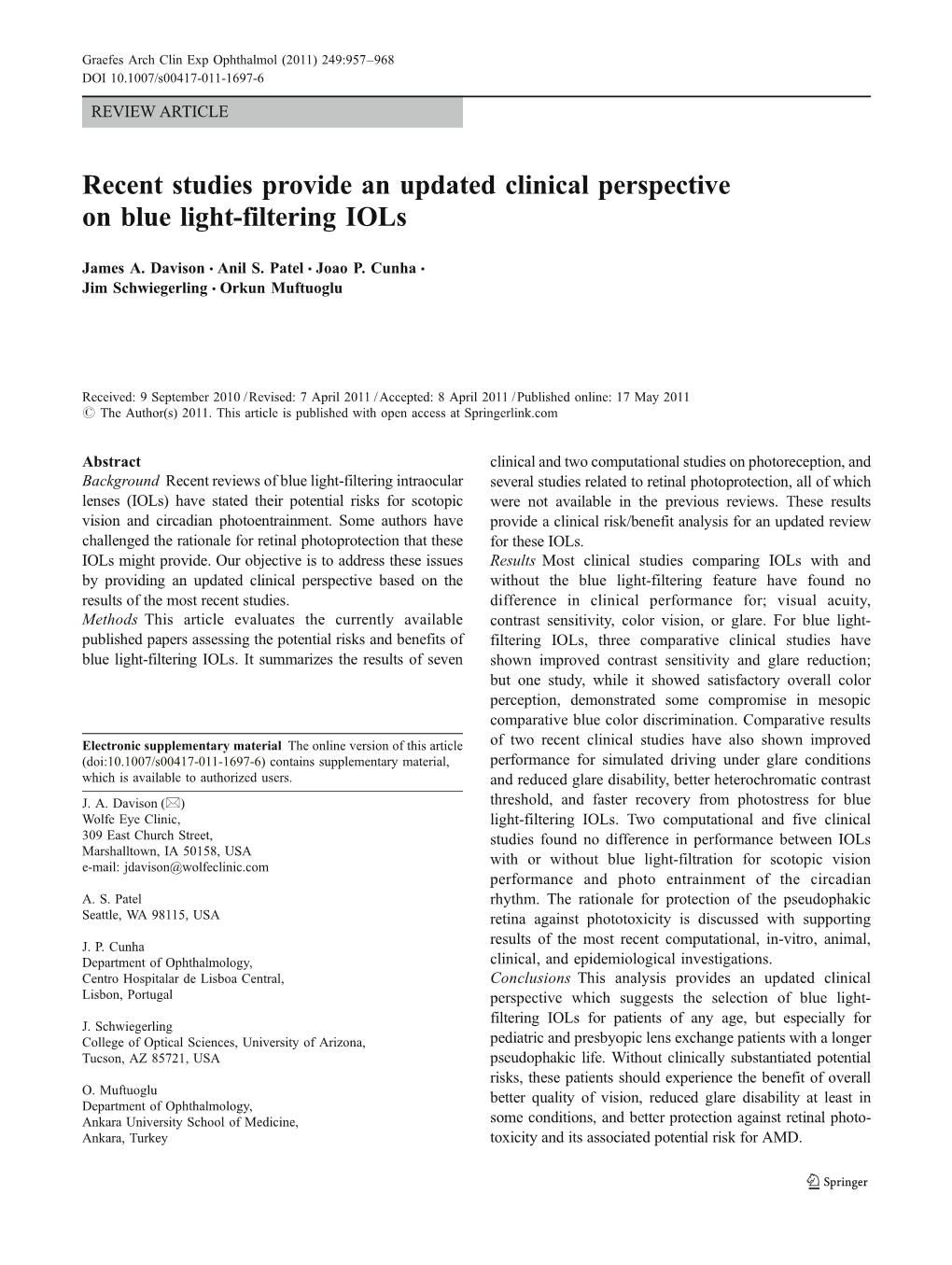 Recent Studies Provide an Updated Clinical Perspective on Blue Light-Filtering Iols