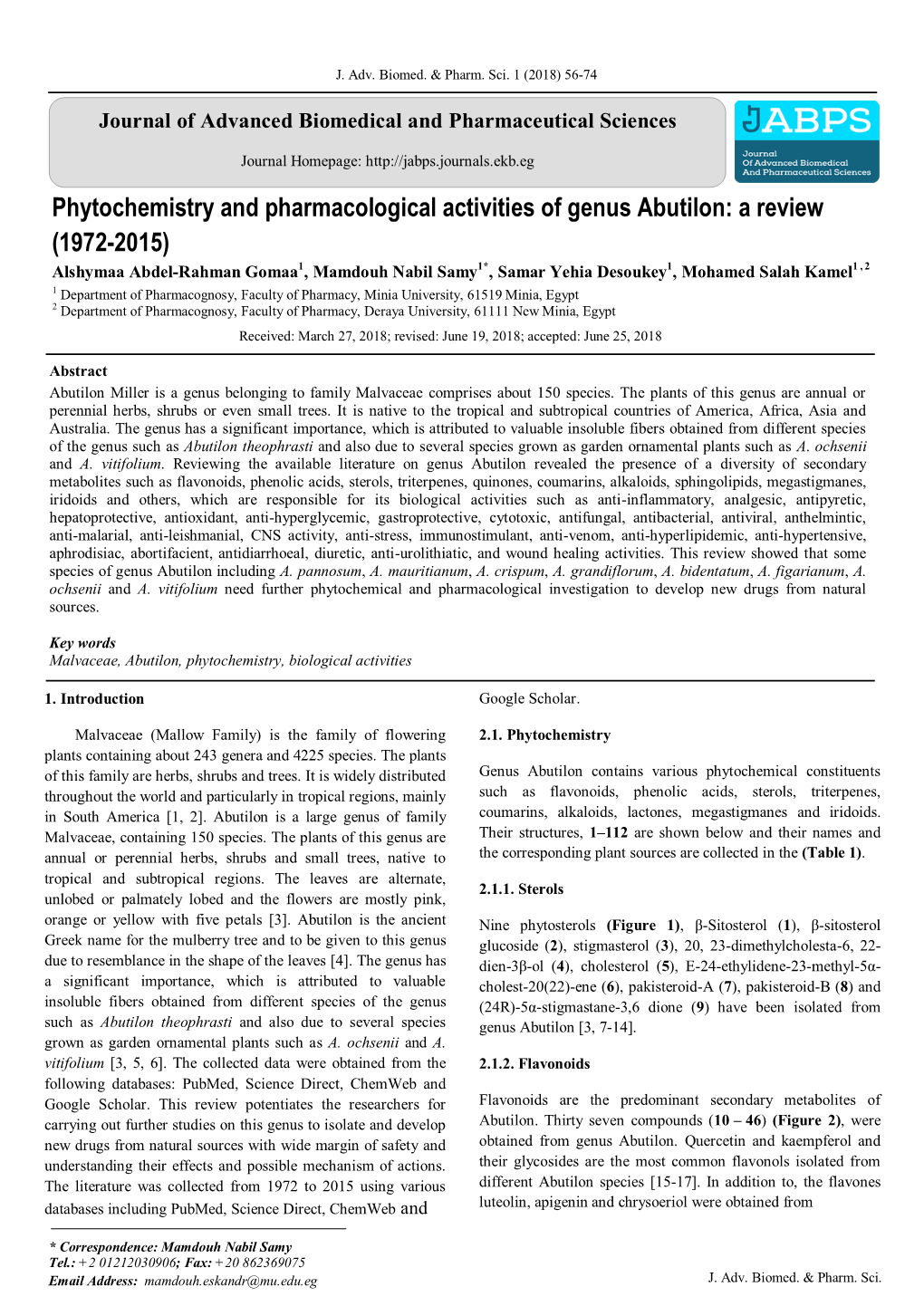 Phytochemistry and Pharmacological Activities of Genus Abutilon: a Review (1972-2015)