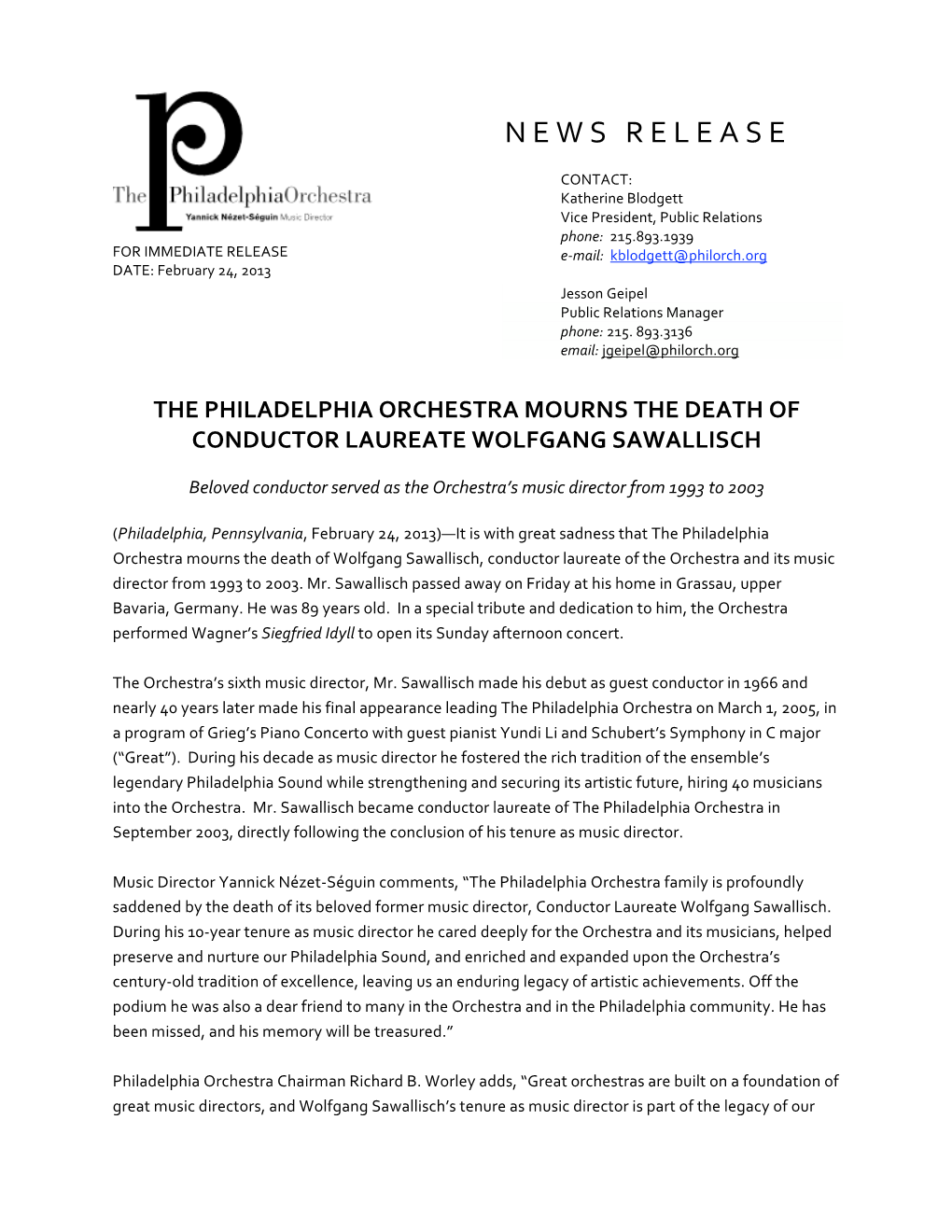 The Philadelphia Orchestra Mourns the Death of Conductor Laureate Wolfgang Sawallisch