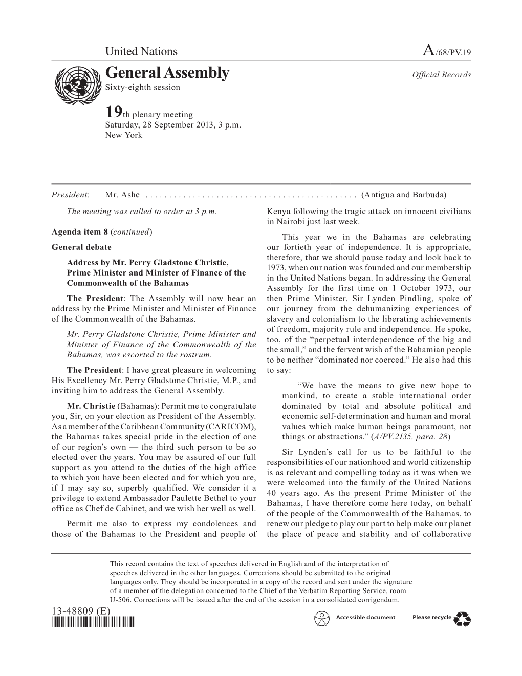 General Assembly Official Records Asdfsixty-Eighth Session 19Th Plenary Meeting Saturday, 28 September 2013, 3 P.M