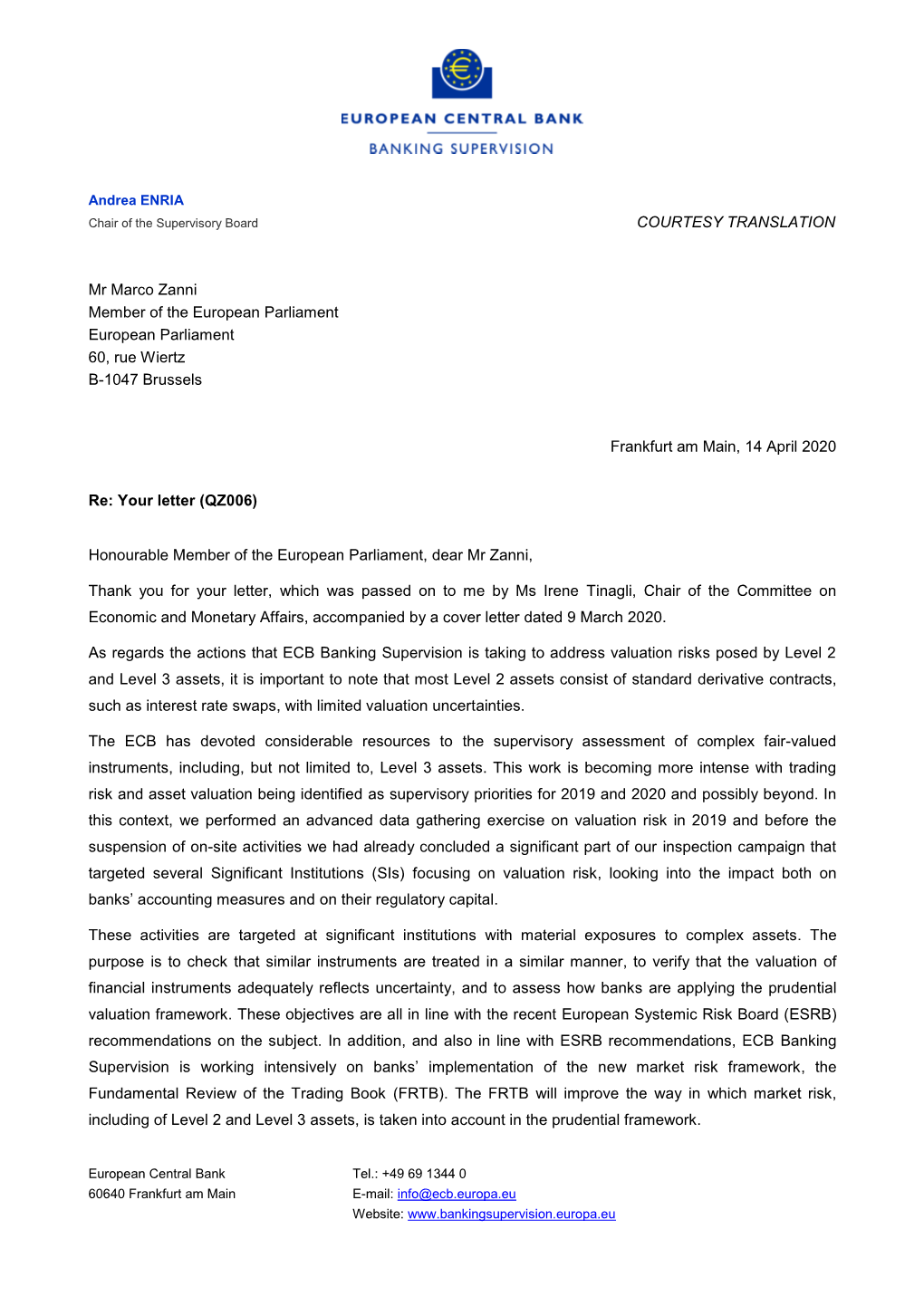 Letter from Andrea Enria, Chair of the Supervisory Board, to Mr Zanni