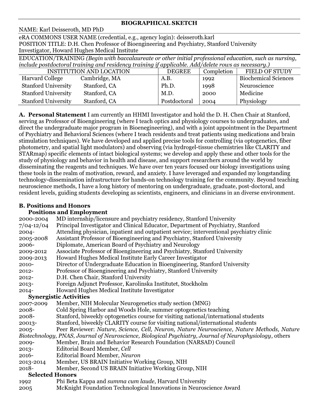 OMB No. 0925-0046, Biographical Sketch Format Page