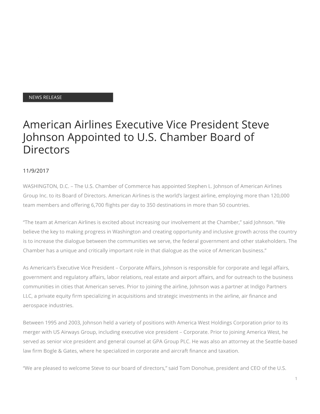 American Airlines Executive Vice President Steve Johnson Appointed to U.S. Chamber Board of Directors