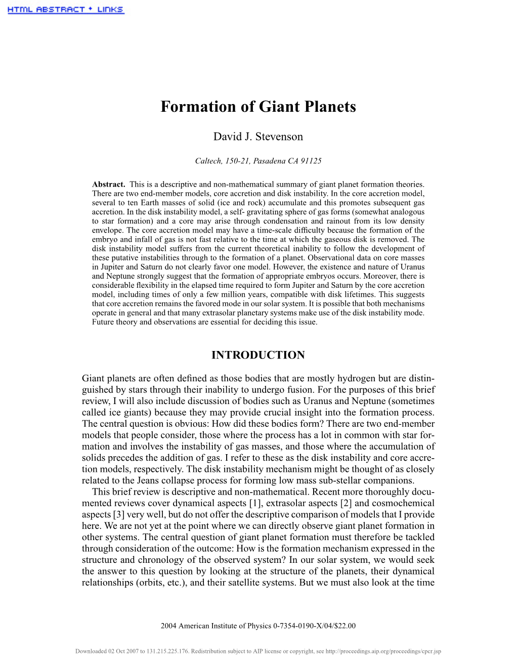Formation of Giant Planets