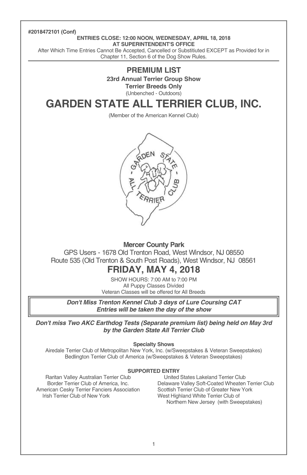 GARDEN STATE ALL TERRIER CLUB, INC. (Member of the American Kennel Club)