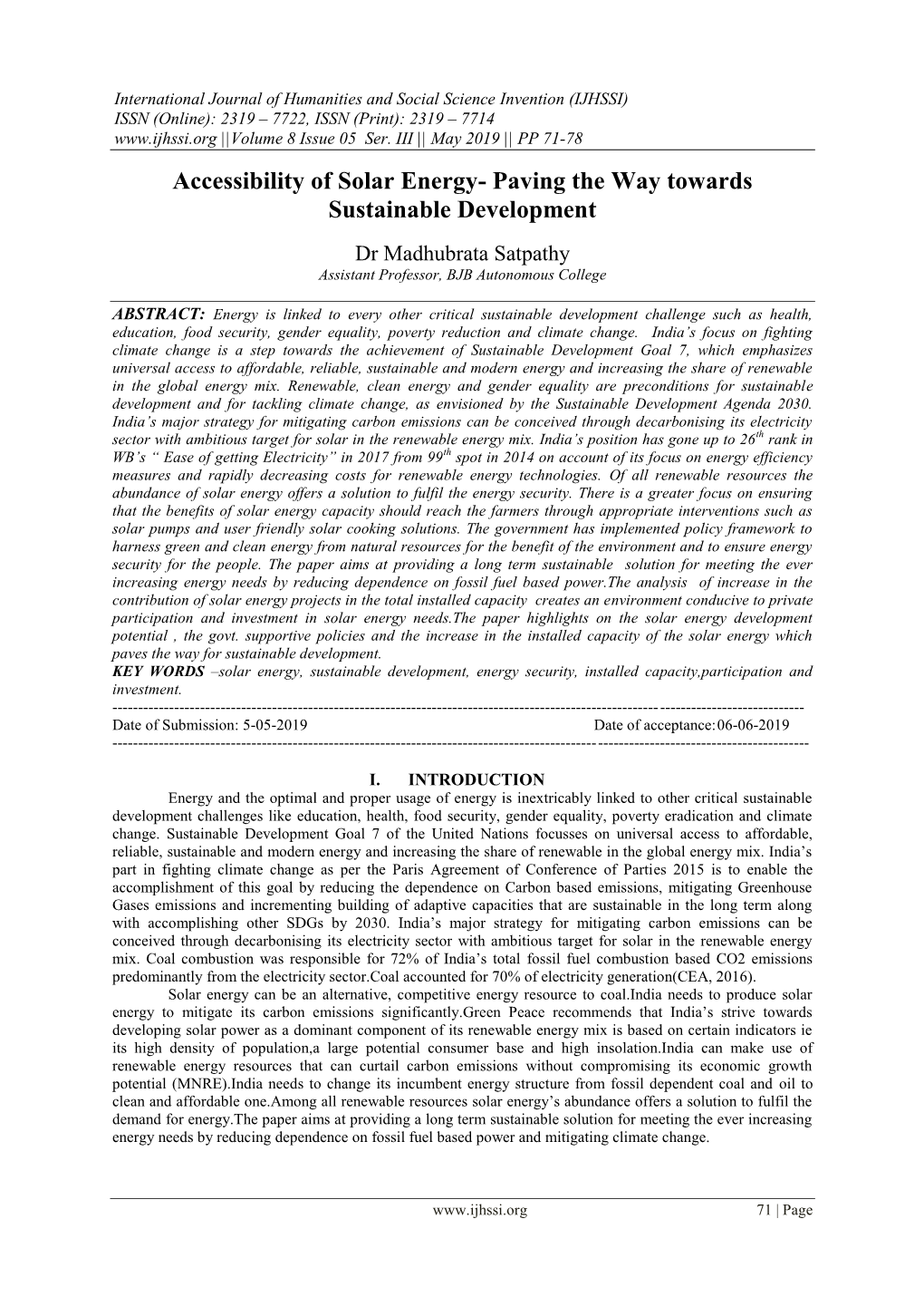 Accessibility of Solar Energy- Paving the Way Towards Sustainable Development