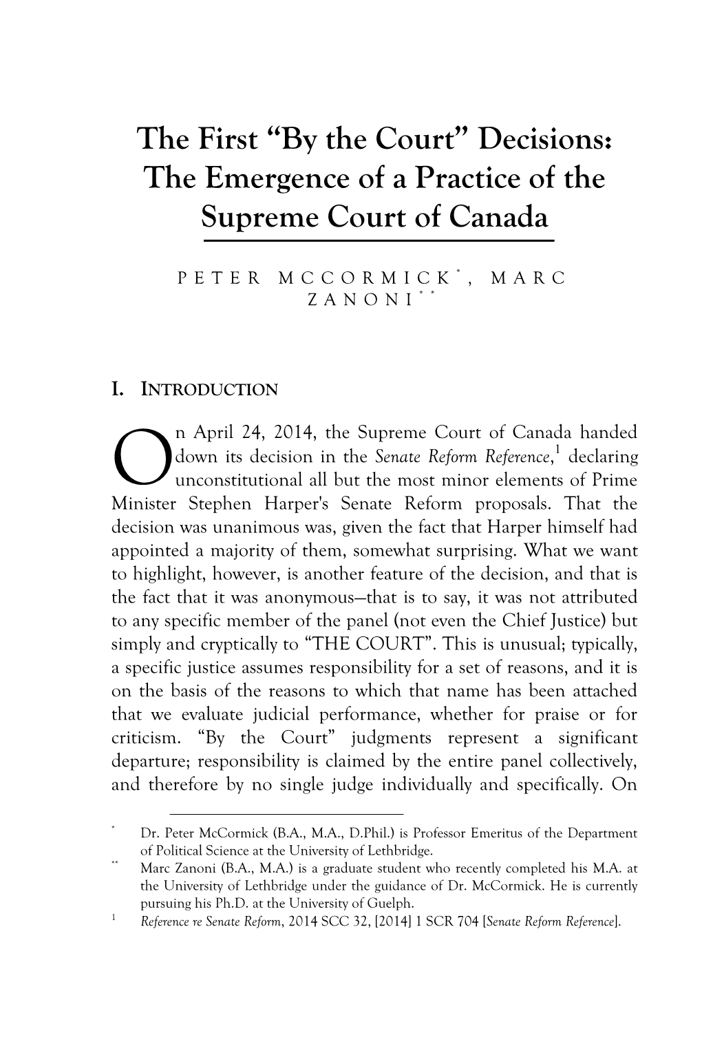 “By the Court” Decisions: the Emergence of a Practice of the Supreme Court of Canada