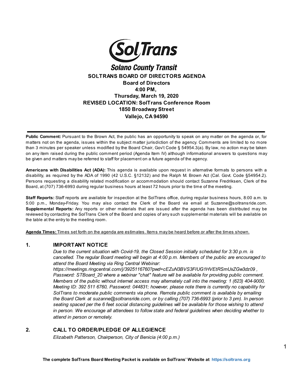 Soltrans Conference Room 1850 Broadway Street Vallejo, CA 94590