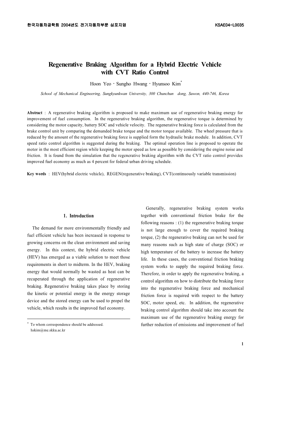 Regenerative Braking Algorithm for a Hybrid Electric Vehicle with CVT Ratio Control