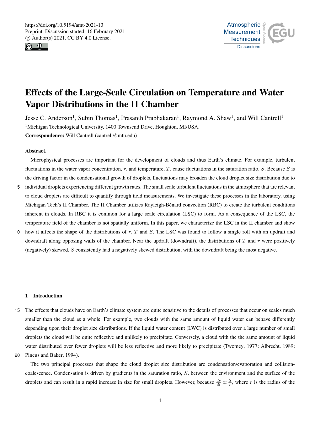 Effects of the Large-Scale Circulation on Temperature and Water Vapor Distributions in the Π Chamber Jesse C