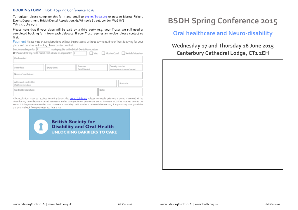 BOOKING FORM BSDH Spring Conference 2016