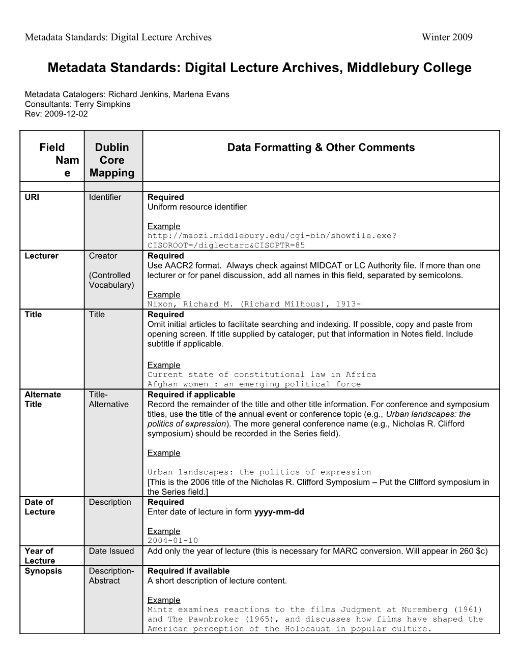 Metadata Standards: Digital Lecture Archives, Middlebury College