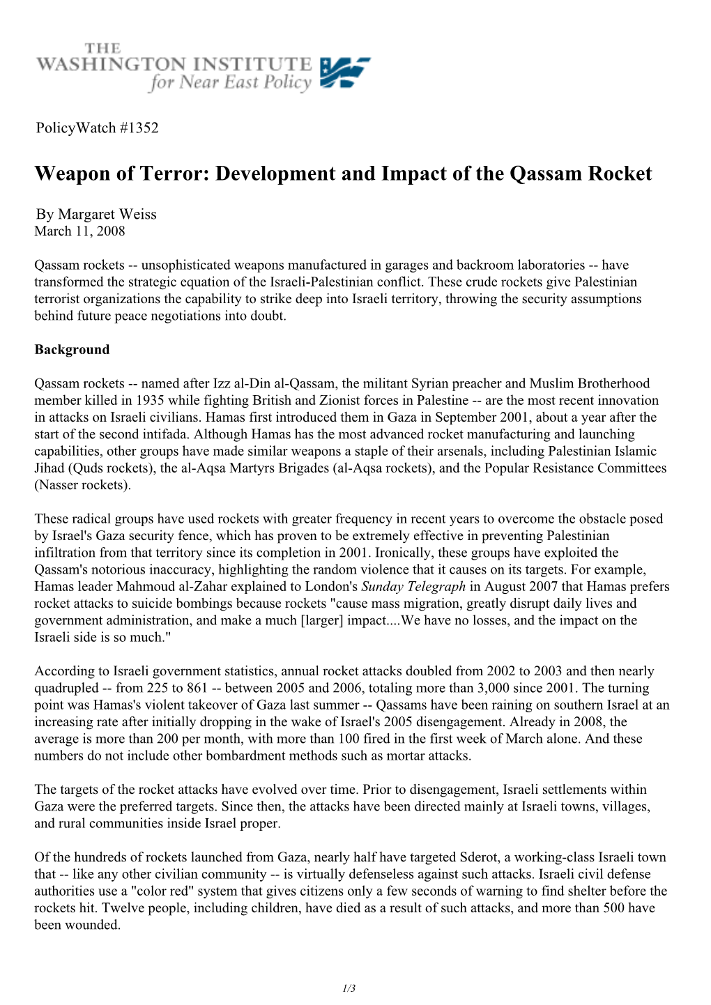 Weapon of Terror: Development and Impact of the Qassam Rocket