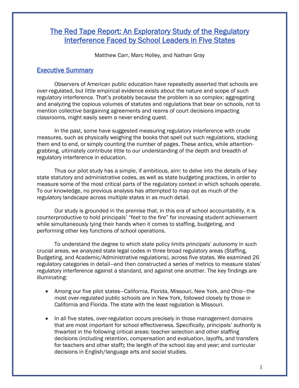 The Red Tape Report: an Exploratory Study of the Regulatory Interference Faced by School Leaders in Five States