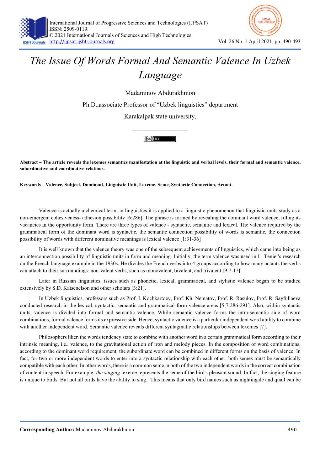 The Issue of Words Formal and Semantic Valence in Uzbek Language