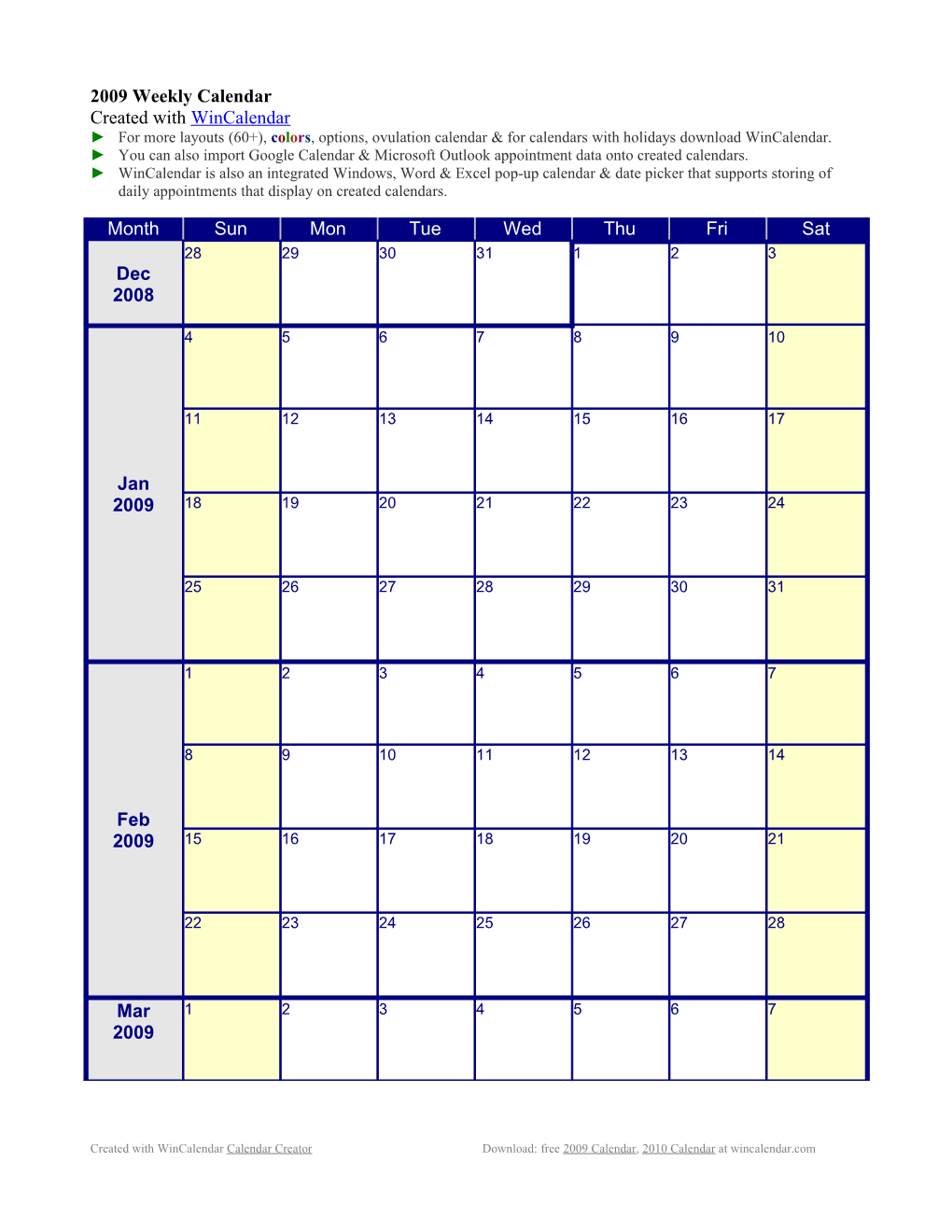 2009 Weekly Calendar