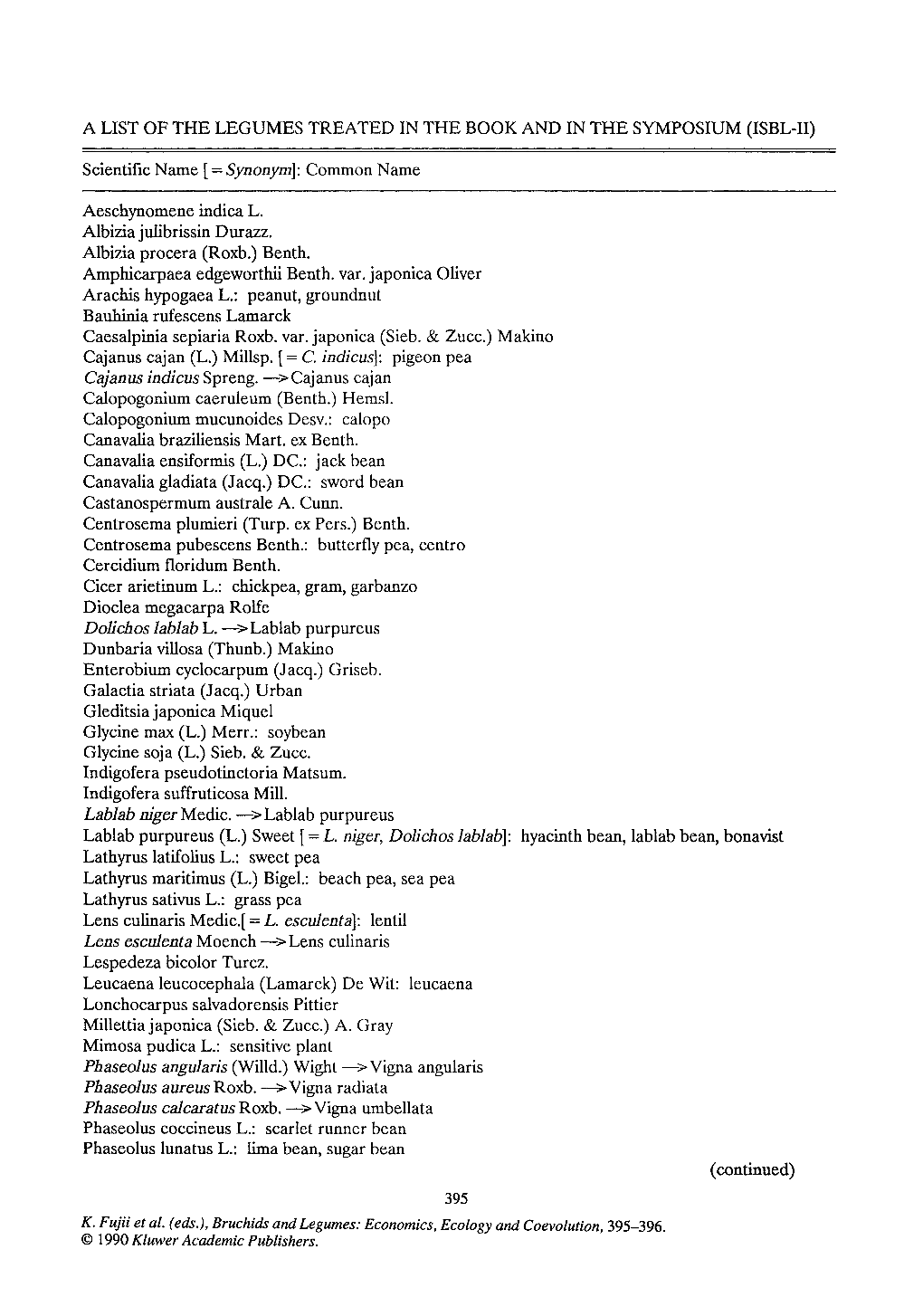 A List of the Legumes Treated in the Book and in the Symposium (Isbl-Ii)