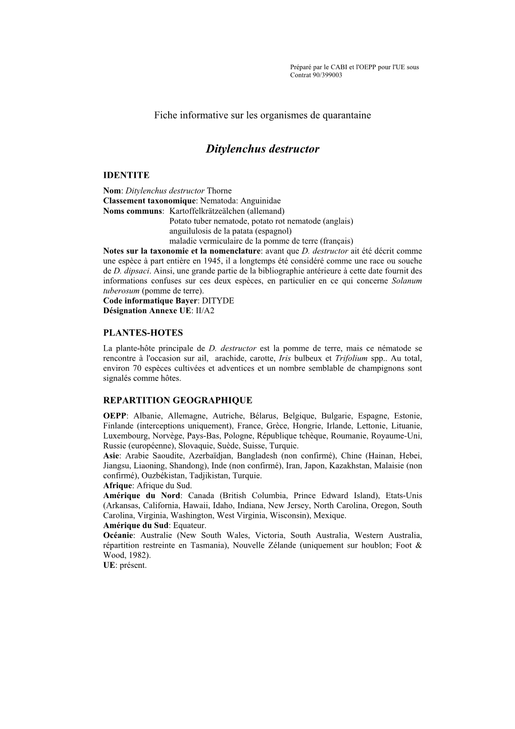 Prpar Par Le CABI Et L'oepp Pour L'ue Sous Contrat 90/399003