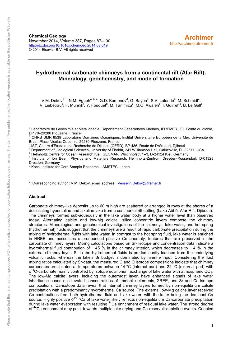 Hydrothermal Carbonate Chimneys from a Continental Rift