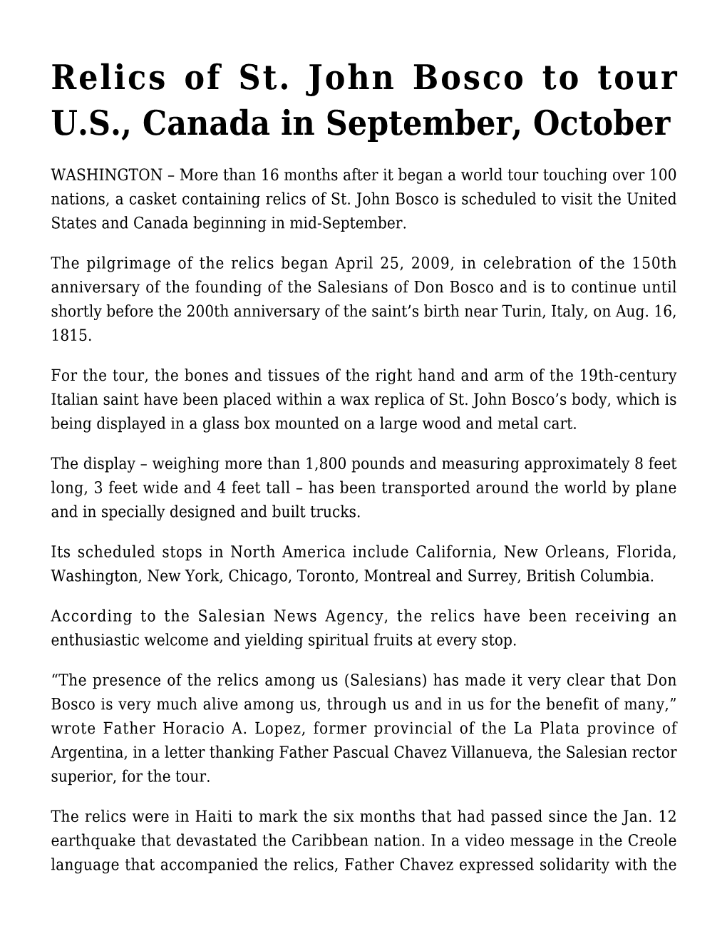 Relics of St. John Bosco to Tour U.S., Canada in September, October