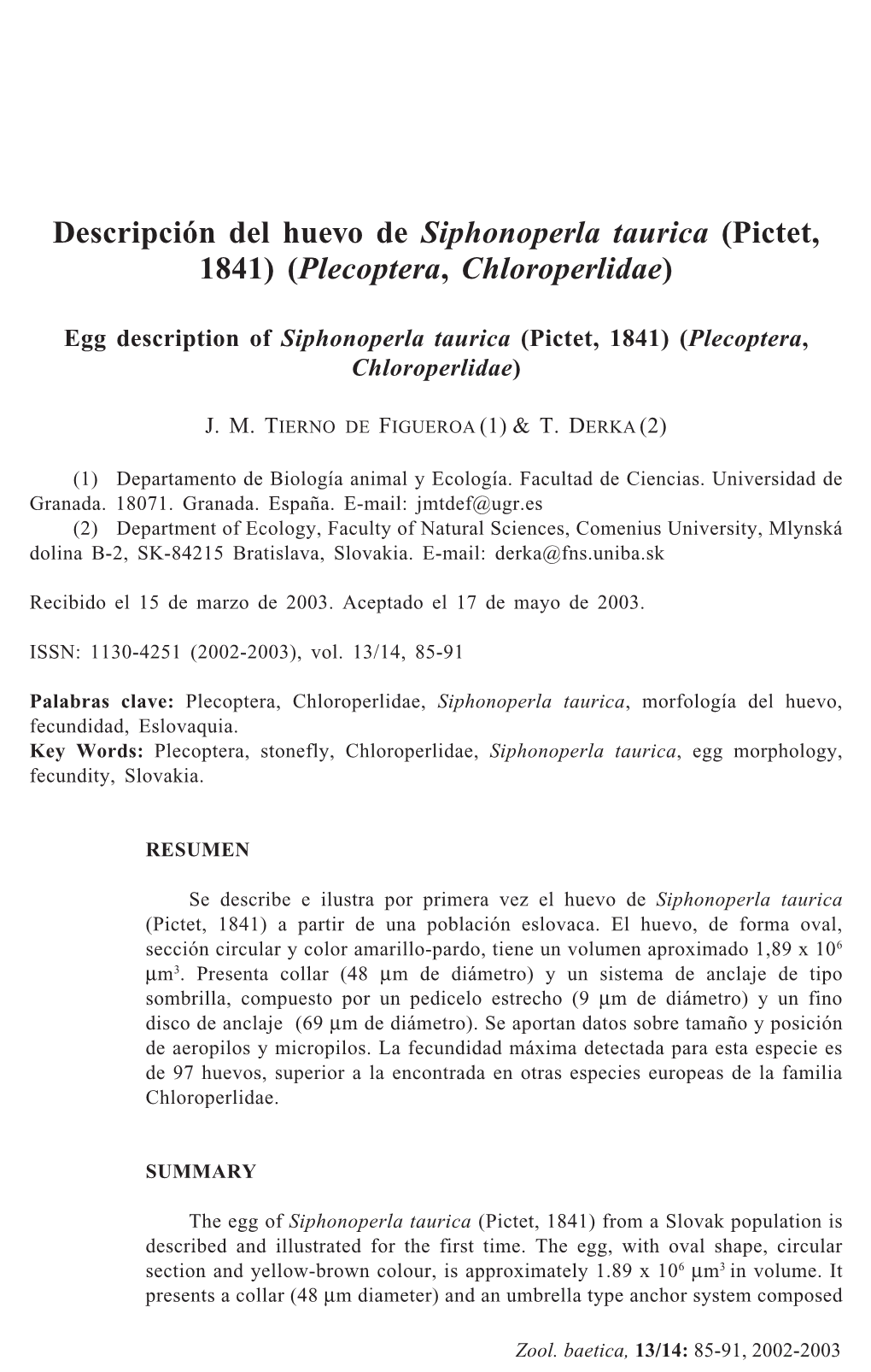 Descripción Del Huevo De Siphonoperla Taurica (Pictet, 1841) (Plecoptera, Chloroperlidae)