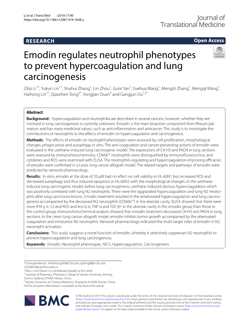 Emodin Regulates Neutrophil Phenotypes to Prevent Hypercoagulation and Lung Carcinogenesis