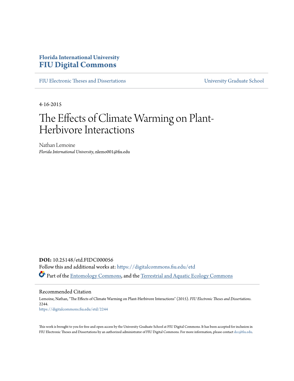 The Effects of Climate Warming on Plant-Herbivore Interactions" (2015)
