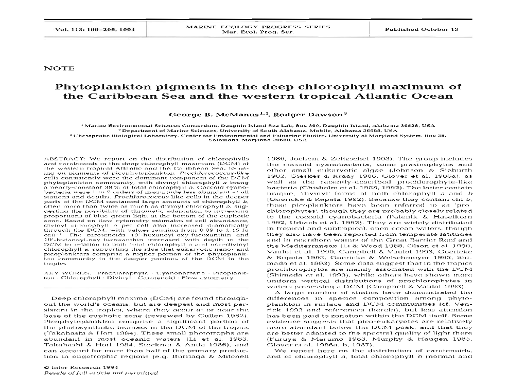 Phytoplankton Pigments in the Deep Chlorophyll Maximum of the Caribbean Sea and the Western Tropical Atlantic Ocean