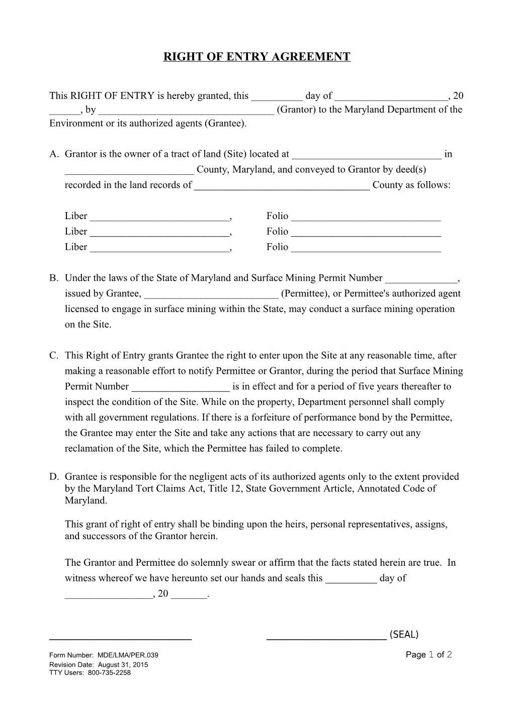 Right of Entry Agreement Form