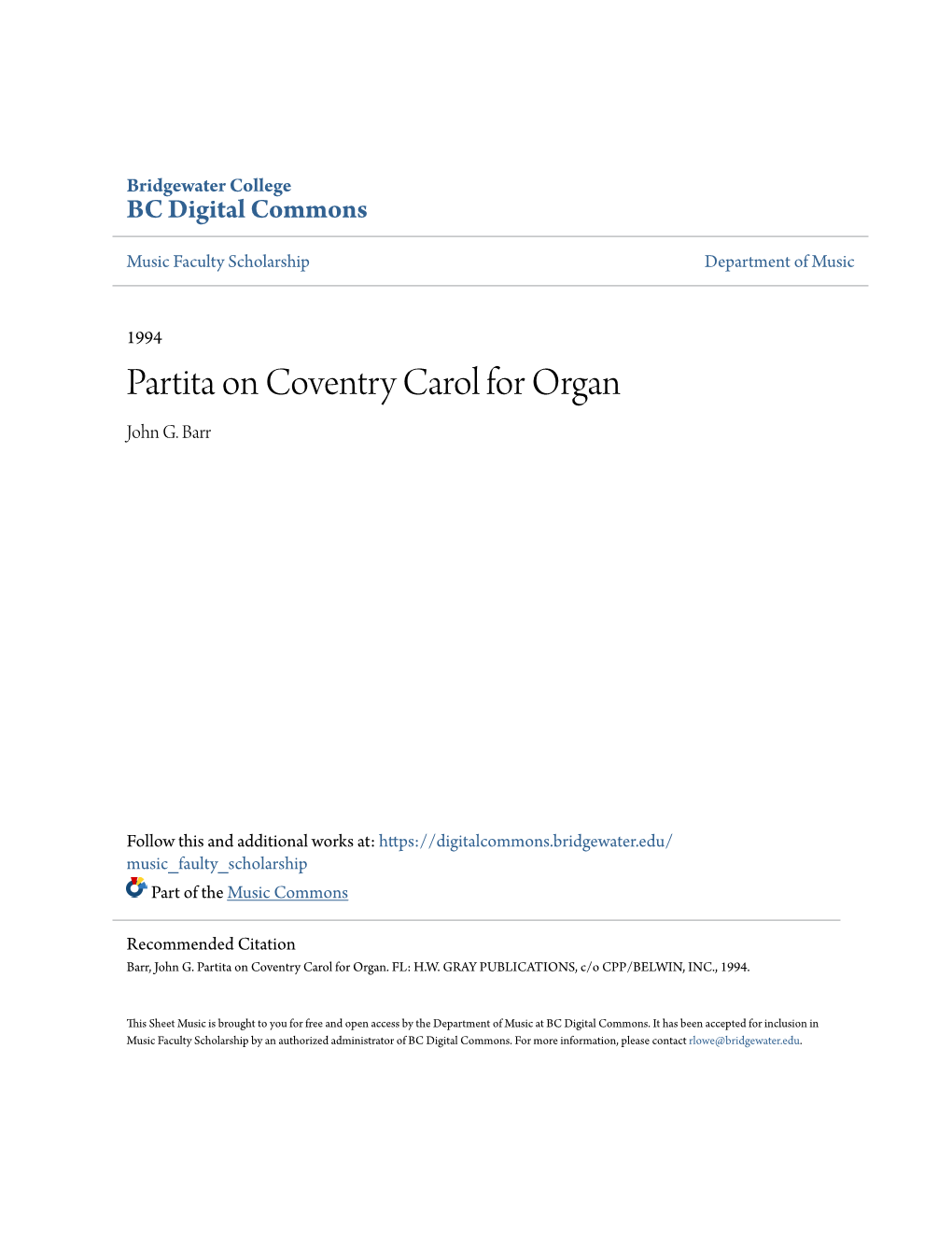 Partita on Coventry Carol for Organ John G