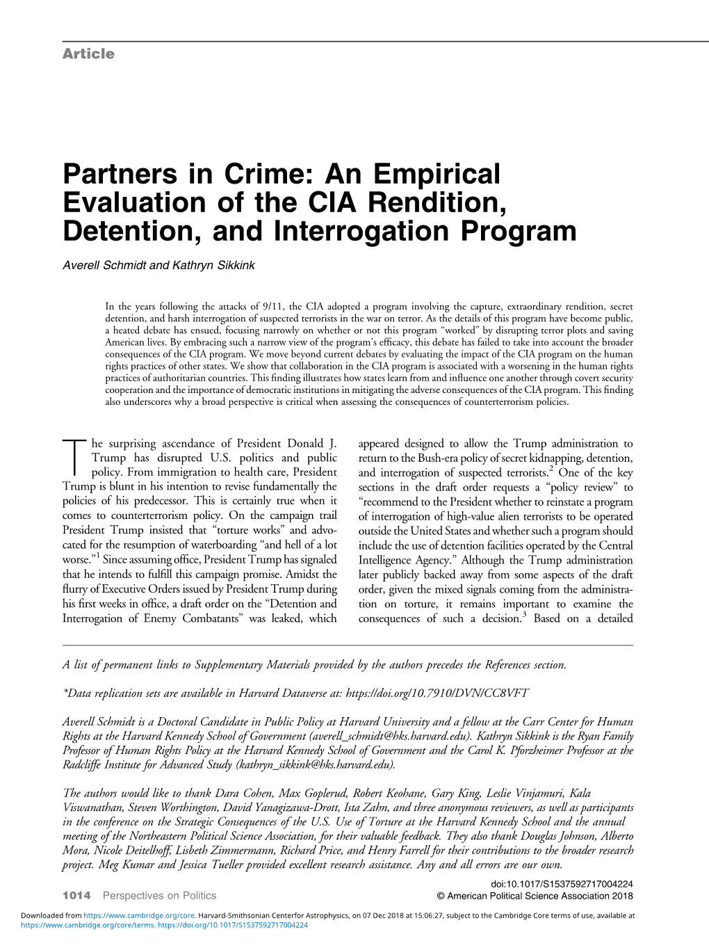 Partners in Crime: an Empirical Evaluation of the CIA Rendition, Detention, and Interrogation Program Averell Schmidt and Kathryn Sikkink