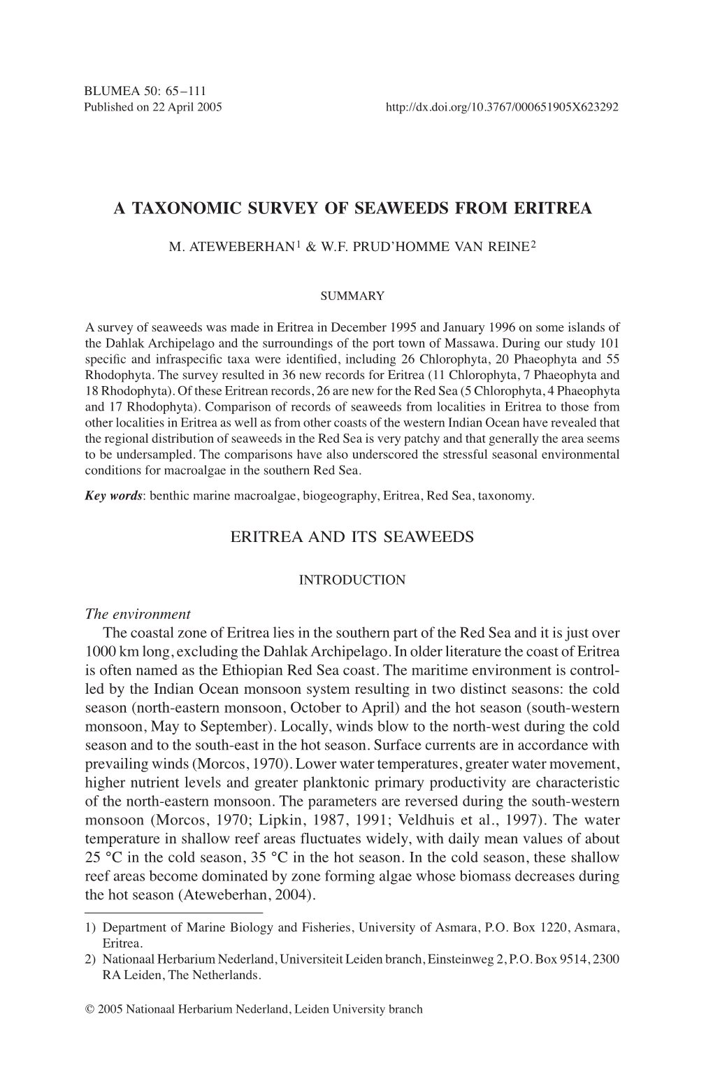 A Taxonomic Survey of Seaweeds from Eritrea