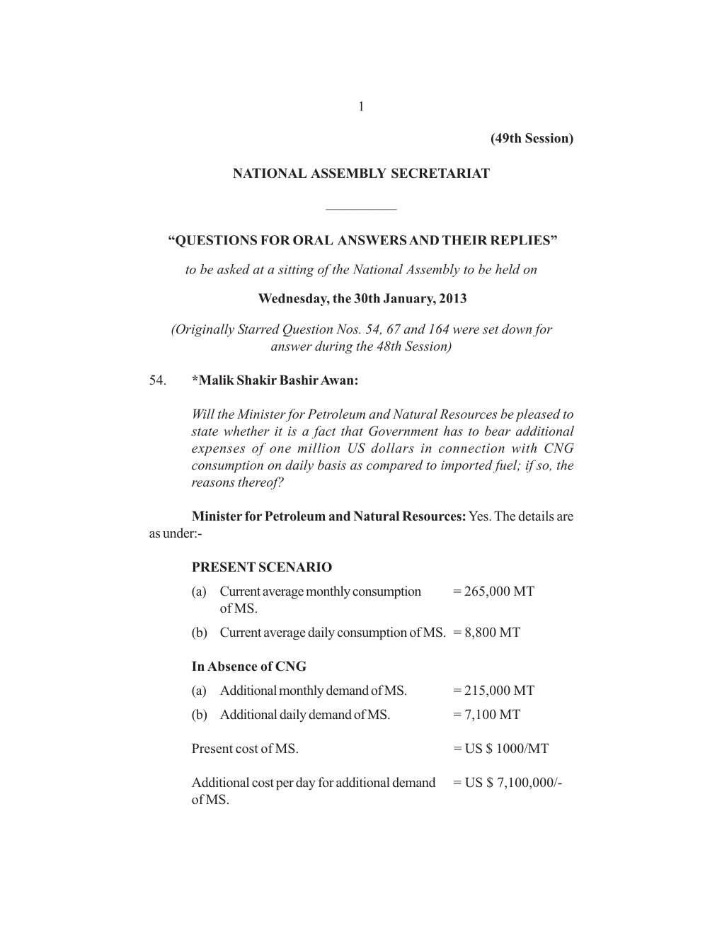 NATIONAL ASSEMBLY SECRETARIAT ————— “QUESTIONS for ORAL ANSWERS and THEIR REPLIES” to Be Asked