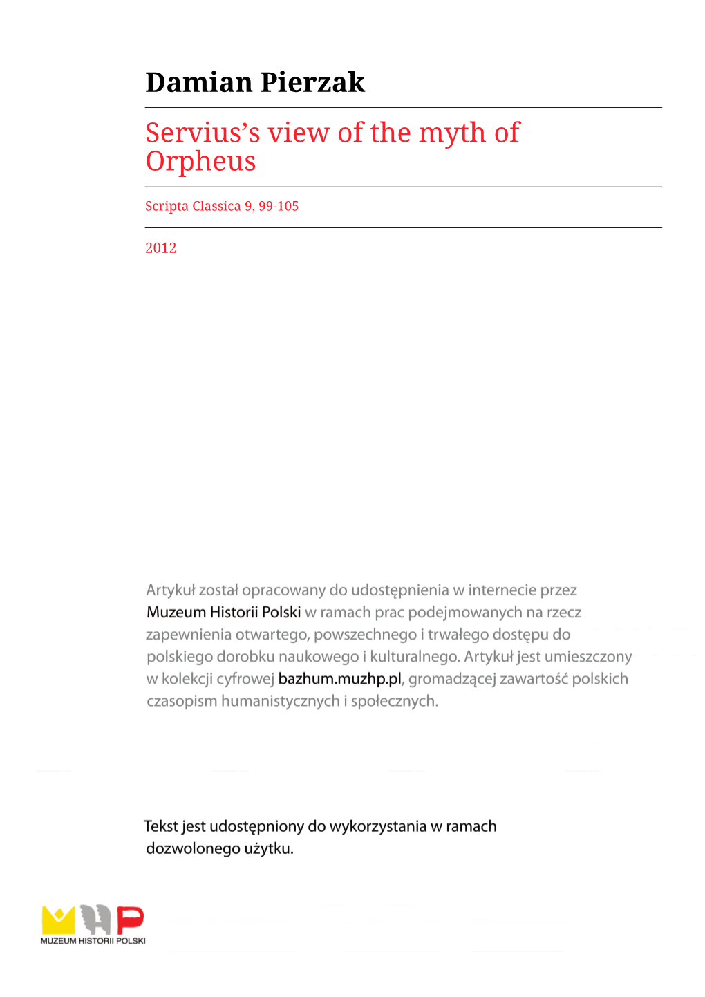 Damian Pierzak Servius's View of the Myth of Orpheus