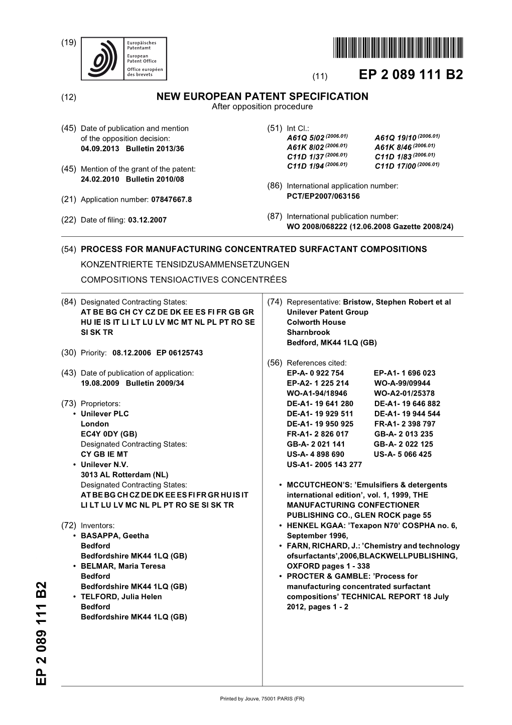 Process for Manufacturing Concentrated Surfactant Compositions Konzentrierte Tensidzusammensetzungen Compositions Tensioactives Concentrées