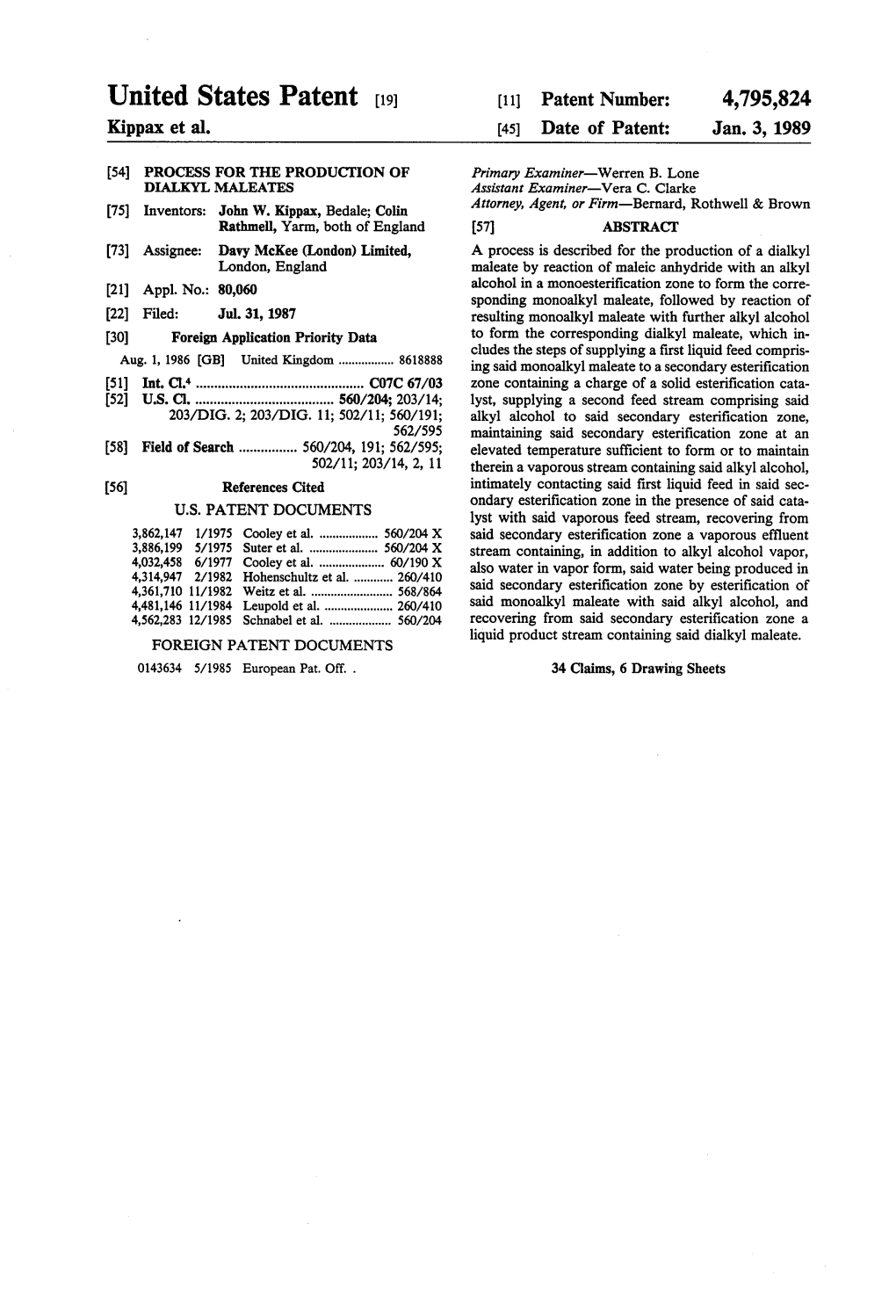 United States Patent (19) (11 Patent Number: 4,795,824 Kippax Et Al