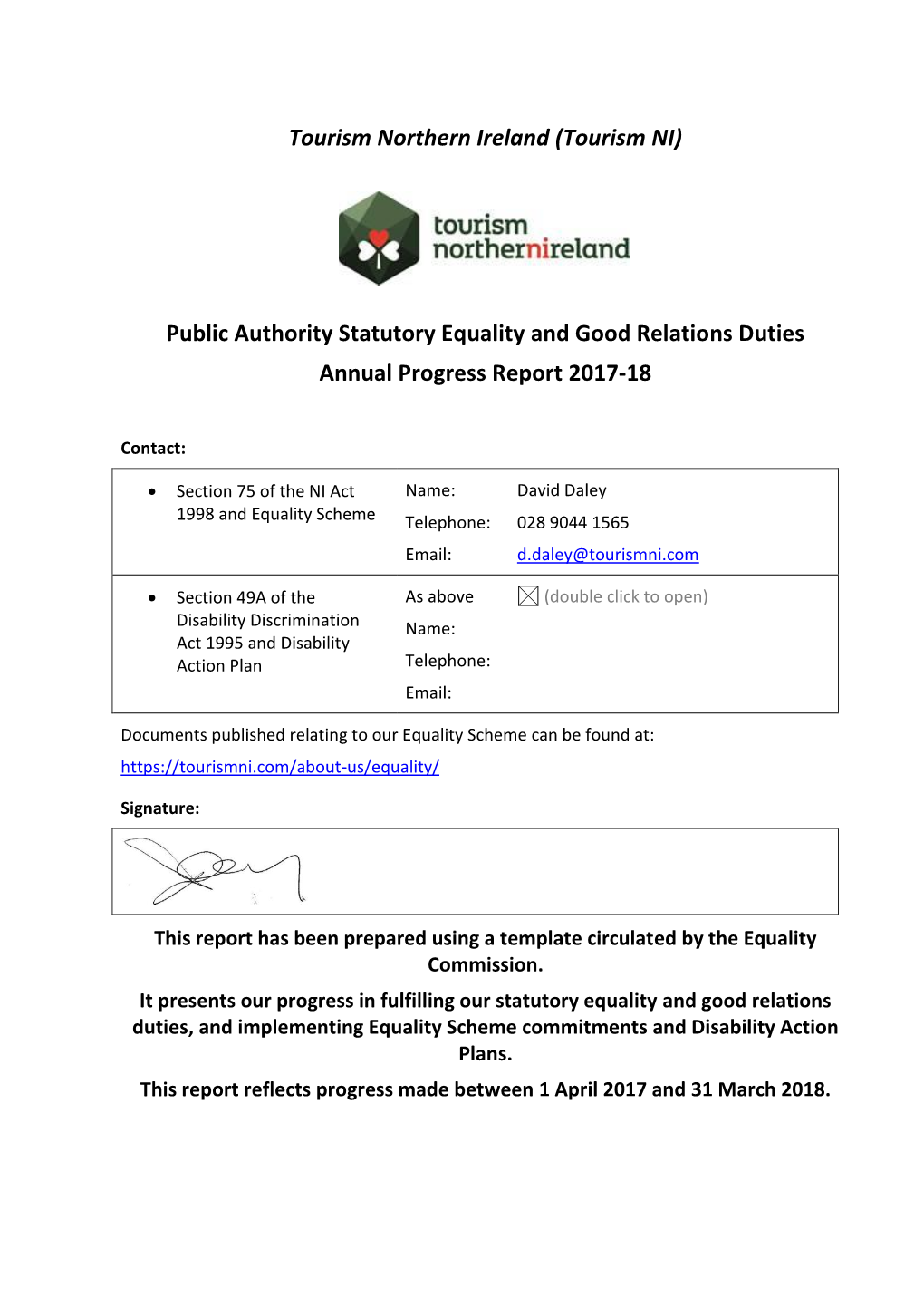 Public Authority Statutory Equality and Good Relations Duties Annual Progress Report 2017-18